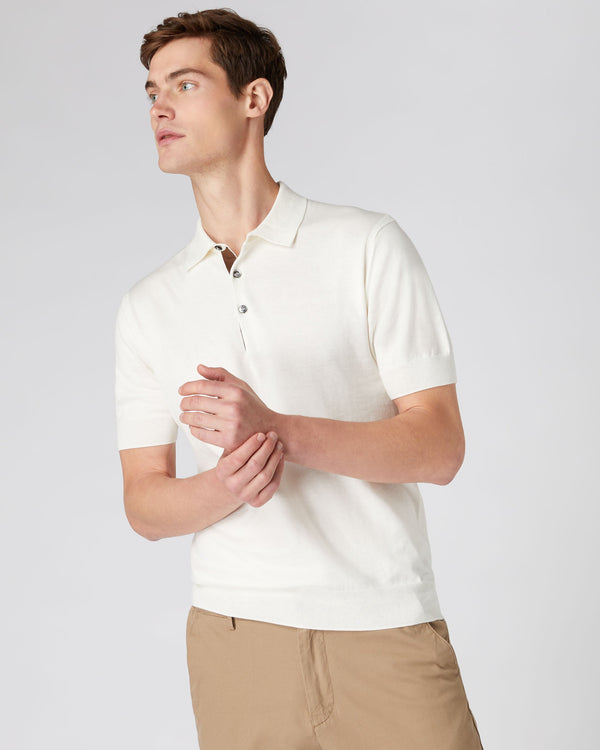 N.Peal Men's Short Sleeve Collared Cotton Cashmere Polo T Shirt New Ivory White
