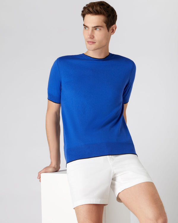 N.Peal Men's Short Sleeve Crew Neck Cotton Cashmere T Shirt Victoria Blue