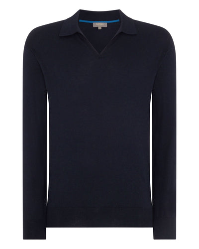 N.Peal Men's Polo Neck Cotton Cashmere Jumper Navy Blue