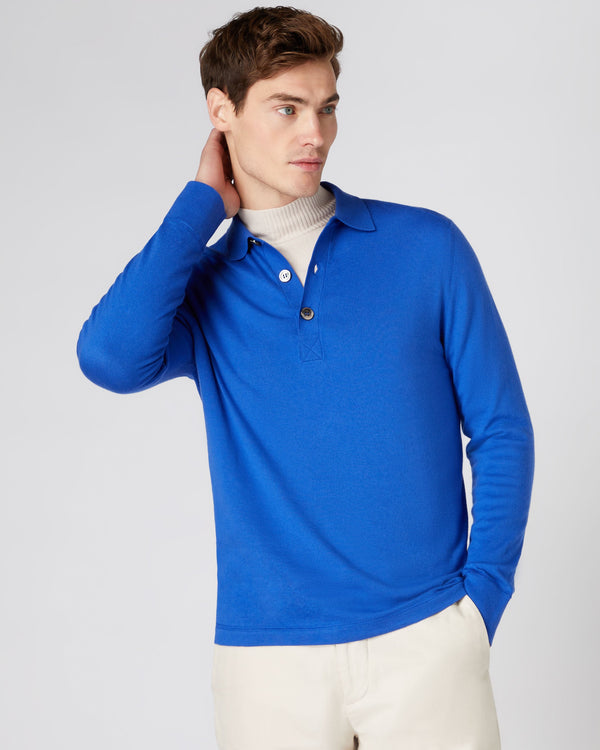 N.Peal Men's Long Sleeve Cotton Cashmere Polo Shirt Victoria Blue