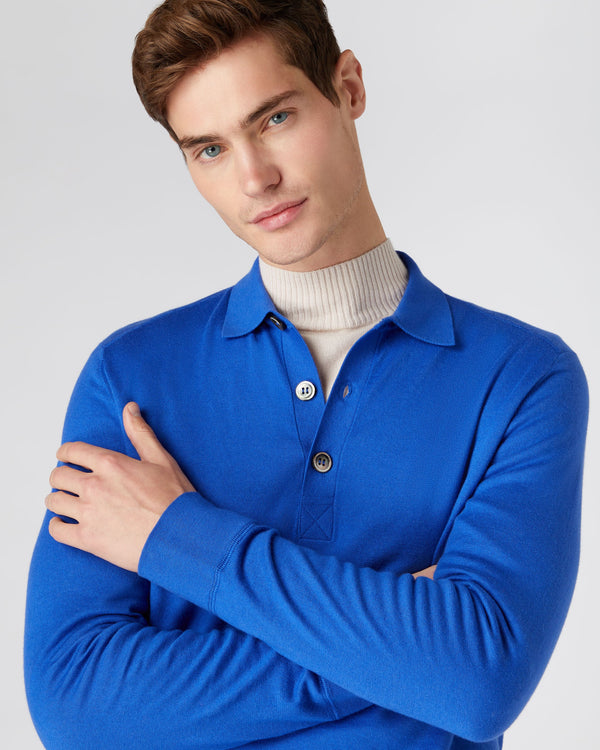 N.Peal Men's Long Sleeve Cotton Cashmere Polo Shirt Victoria Blue