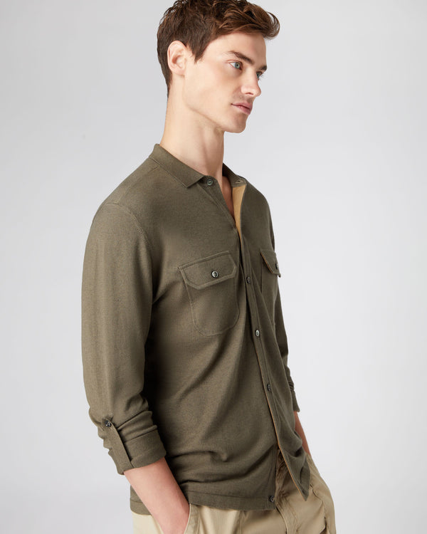N.Peal Men's Double Pocket Cotton Cashmere Shirt Khaki Green