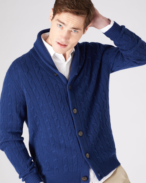 Men's Shawl Collar Cable Cashmere Cardigan French Blue