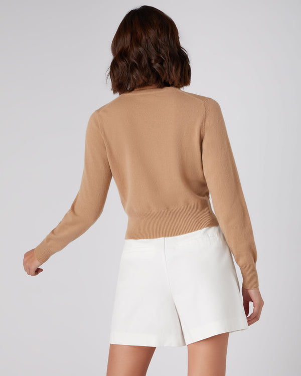 N.Peal Women's Long Sleeve Cropped Cashmere Cardigan Sahara Brown