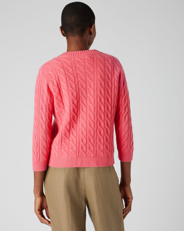 N.Peal Women's Round Neck Cable Cashmere Jumper Peony Pink
