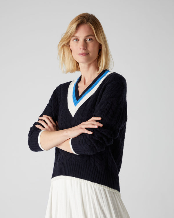 N.Peal Women's Cable Cricket Cashmere Jumper Navy Blue