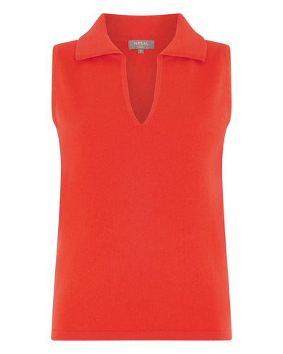 N.Peal Women's Sleeveless Cashmere Polo Jumper Vermillion Red