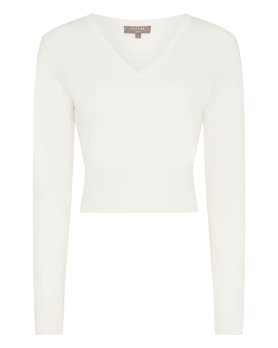 N.Peal Women's Crop V Neck Cashmere Jumper New Ivory White
