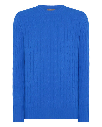 N.Peal Men's Thames Cable Round Neck Cashmere Jumper Sonic Blue