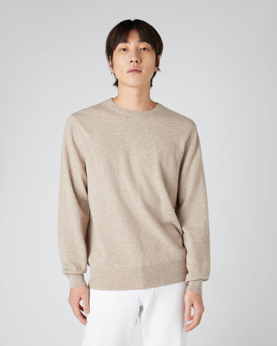 N.Peal Men's Oxford Round Neck Cashmere Jumper Oatmeal Brown