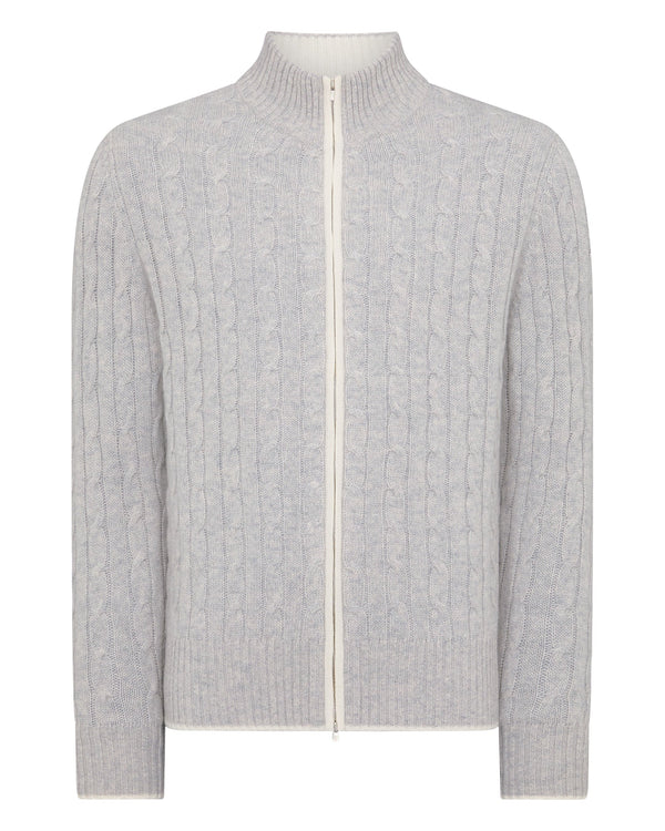N.Peal Men's Contrast Cable Full Zip Cashmere Jumper Fumo Grey