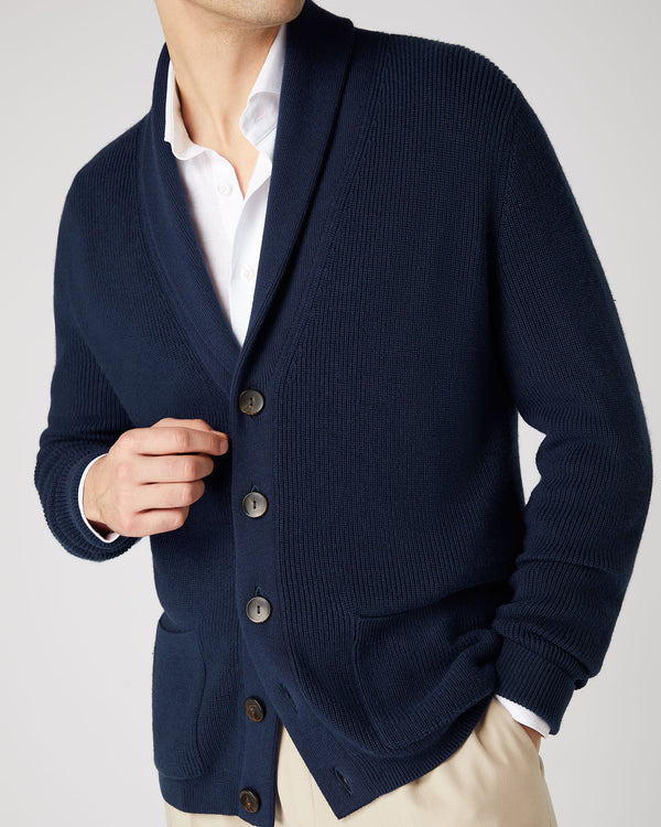N.Peal Men's Cotton Cashmere Silk Cardigan Navy Blue