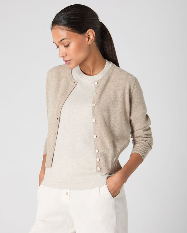N.Peal Women's Ivy Cropped Cashmere Cardigan Oatmeal Brown
