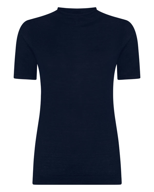 N.Peal Women's Rosie Superfine Cashmere Mock Neck T-Shirt Navy Blue