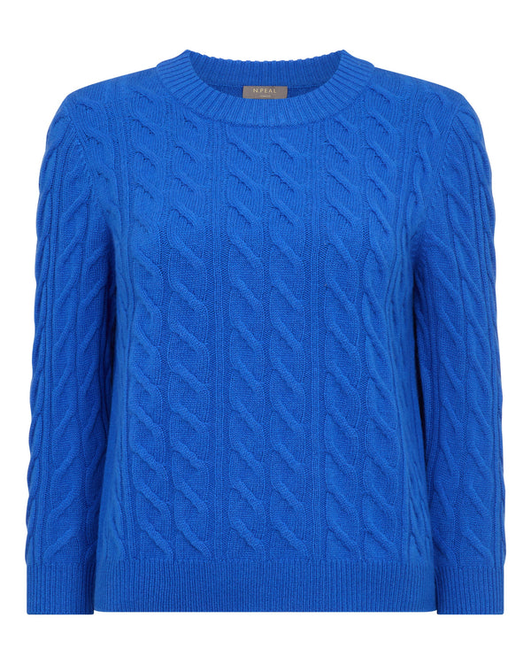N.Peal Women's Emilia Cable Round Neck Cashmere Jumper Sonic Blue