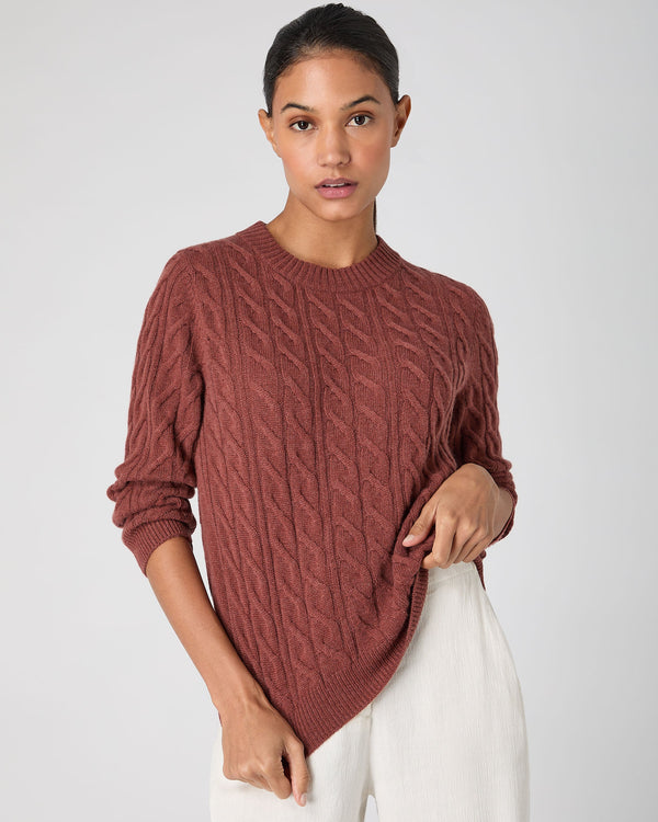 N.Peal Women's Emilia Cable Round Neck Cashmere Jumper Terracotta Brown