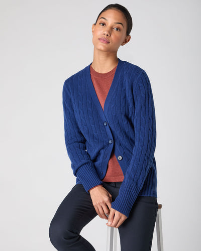 N.Peal Women's Clara Cable V Neck Cashmere Cardigan French Blue