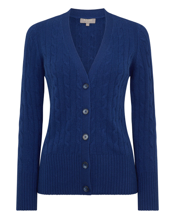 N.Peal Women's Clara Cable V Neck Cashmere Cardigan French Blue