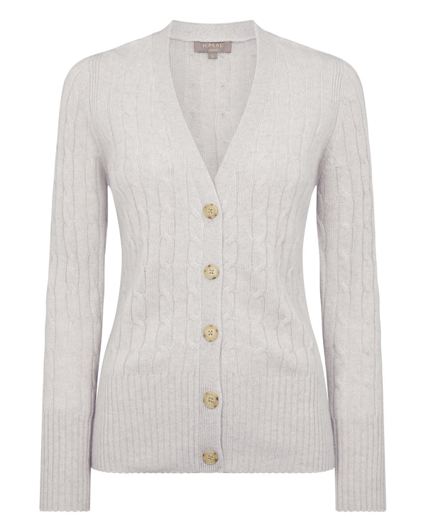 N.Peal Women's Clara Cable V Neck Cashmere Cardigan Pebble Grey