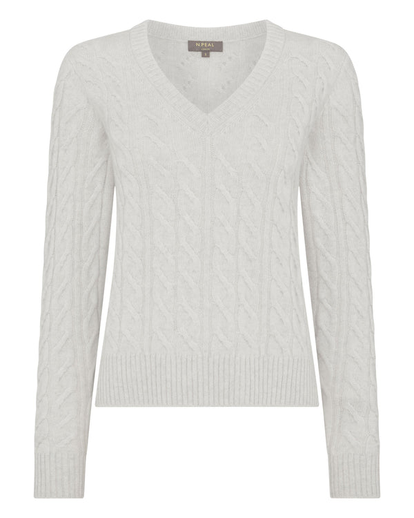 N.Peal Women's Frankie Cable V Neck Cashmere Jumper Pebble Grey