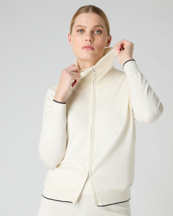 Women's Cotton Cashmere Full Zip Jumper New Ivory White