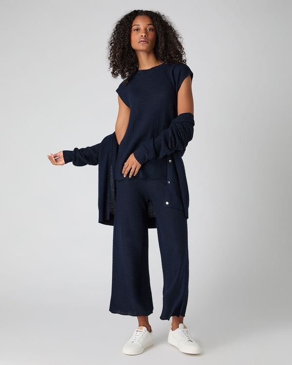 N.Peal Women's Wave Stitch Cashmere Silk Top Navy Blue