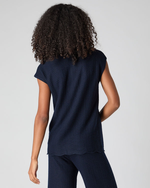 N.Peal Women's Wave Stitch Cashmere Silk Top Navy Blue