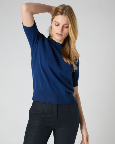 N.Peal Women's Ruffle Trim Cashmere T-Shirt French Blue