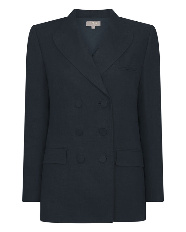 N.Peal Women's Ava Double Breasted Linen Jacket Navy Blue