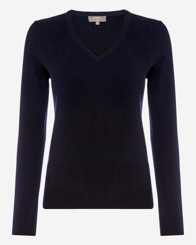 N.Peal Women's Phoebe V Neck Cashmere Jumper Navy Blue